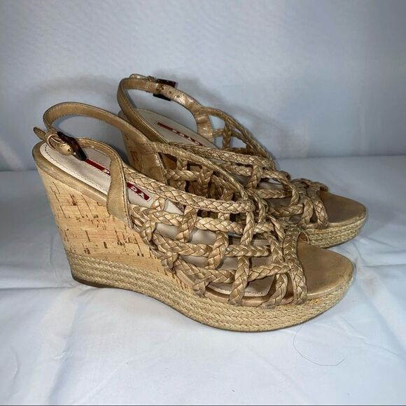 Prada Tan Braided Leather Wedges Size 36.5 Authentic - Picture 3 of 13
